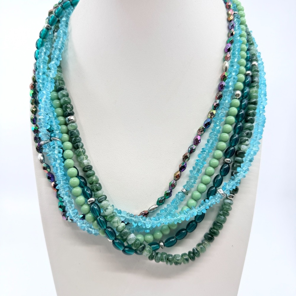 Vintage Y2K Chunky Multi Strand Beaded Necklace Teal Aqua Green Retro